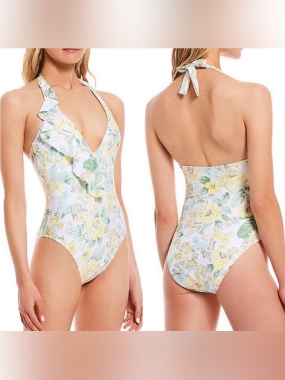 NWOT ANTONIO MELANI Size XS Floral Ruffle One-Piece Swimsuit White Yellow Rose